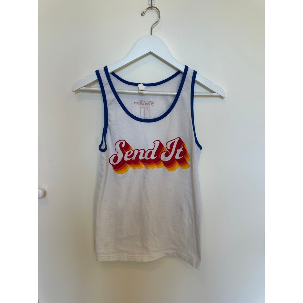 Bella Canvas Send It Graphic Tank Top White Blue Trim XS
